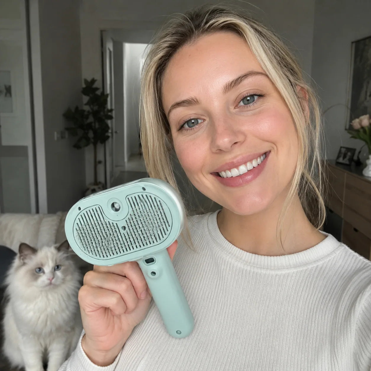 Foxiora SteamGroom Pro customer proof with pet