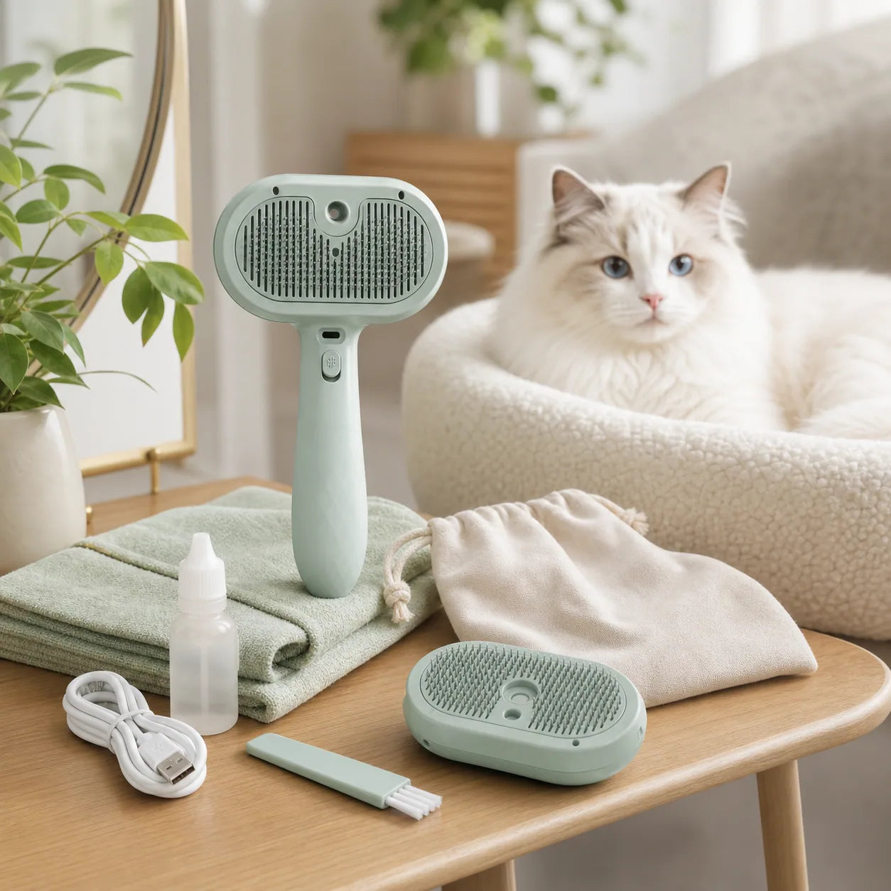 Foxiora SteamGroom Pro kit with grooming brush, refill bottle, charging cable, cleaning brush, pouch, and relaxed cat